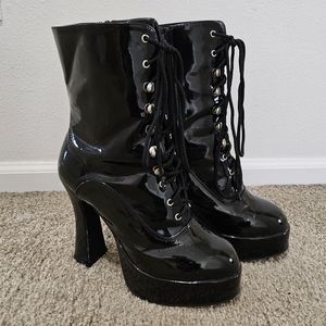 Ellie Shoes Vinyl Lace-Up Chunky Heel Boots, Size 9